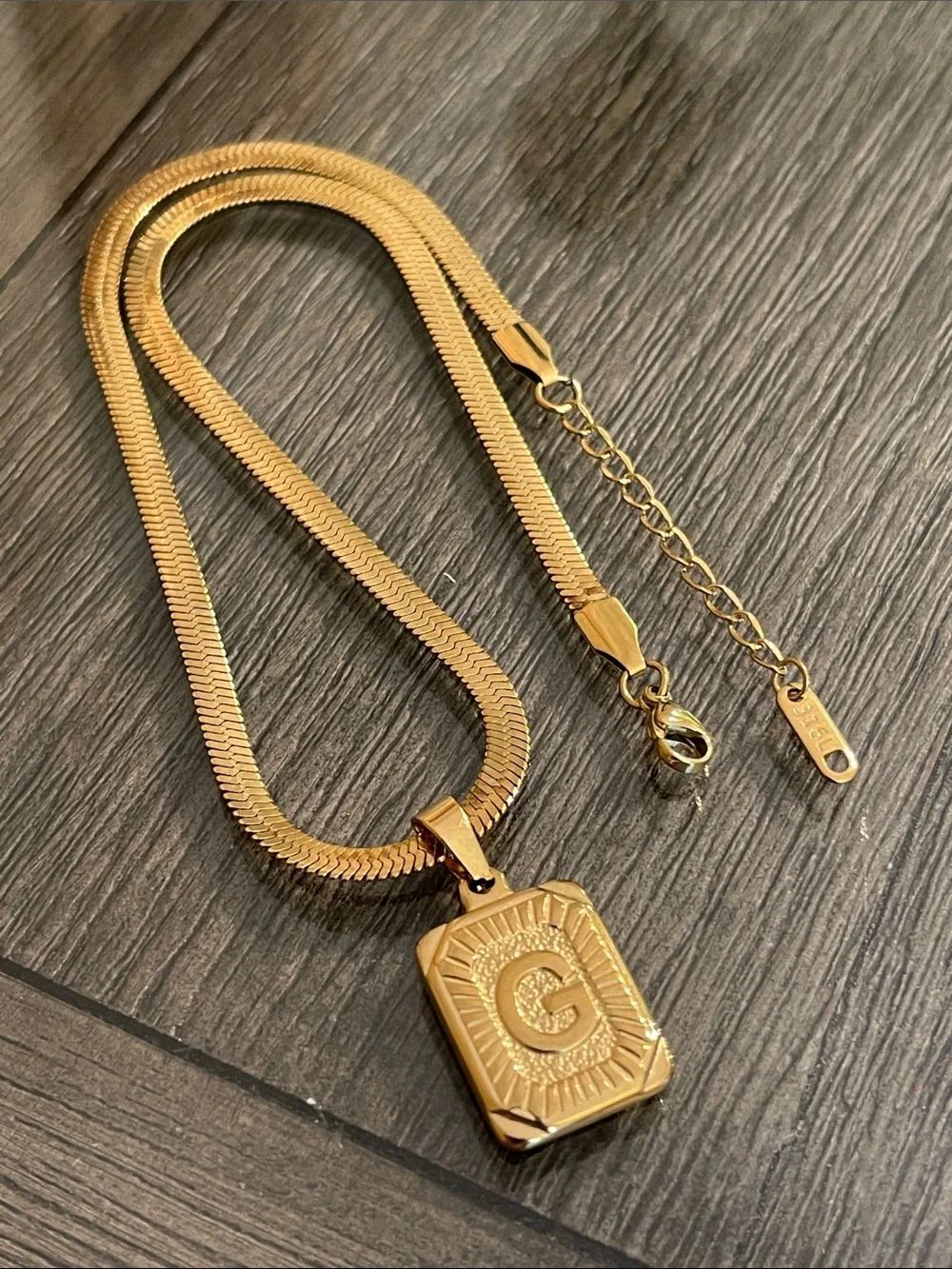 14k Gold Plated Stainless “G” Initial Tag Pendant & Herringbone Chain Necklace